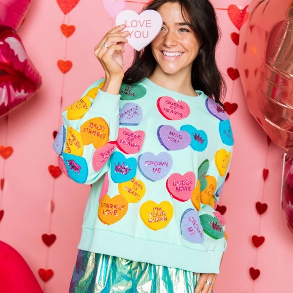 QUEEN OF SPARKLES Tops - Queen of Sparkles MINT FUZZY CANDY HEART QUEEN SWEATSHIRT